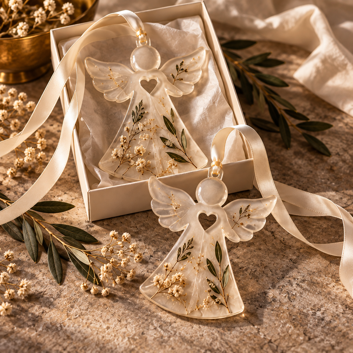 Always Near design preview showing two translucent botanical angel ornaments with heart openings and cream ribbons.