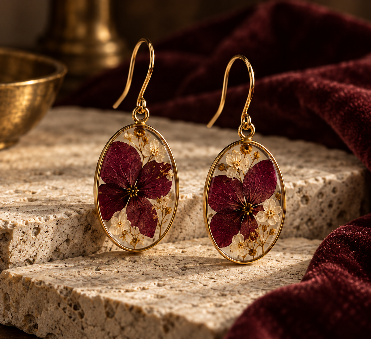 Design preview: oval Botanical Fragment Earrings with burgundy and cream pressed botanicals
