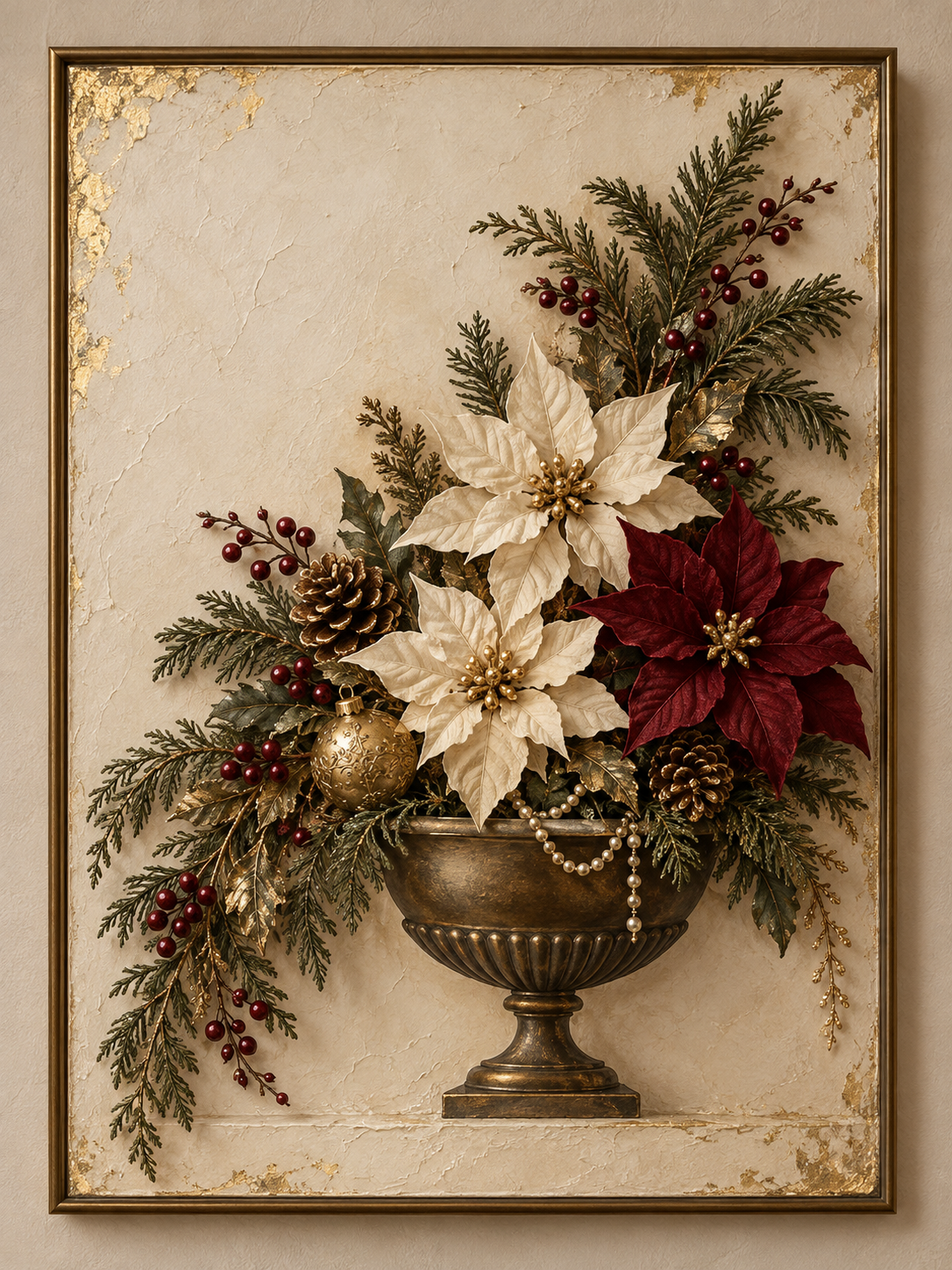 The Gilded Noel AI-assisted Christmas wall art design preview; ivory and oxblood poinsettias with pearls