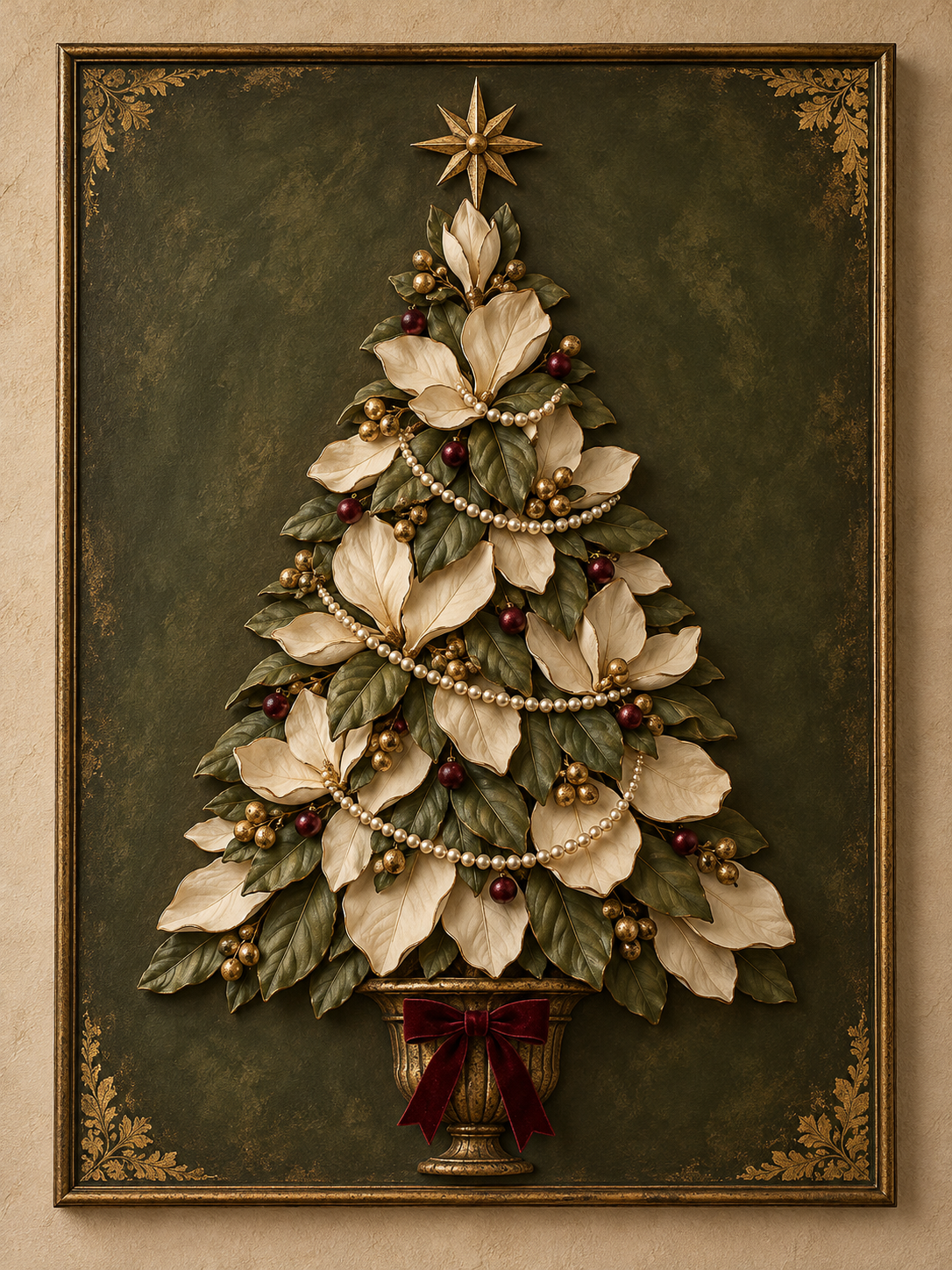 Botanical Christmas Tree AI-assisted design preview; ivory petals, olive leaves, pearls and gold star