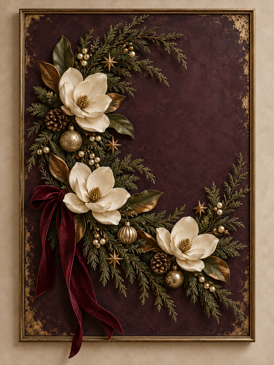 Velvet Noel AI-assisted Christmas wall art design preview; ivory magnolias and burgundy velvet on plum