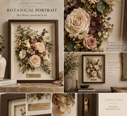 Le Rosse Studio Botanical Portrait wedding flower preservation editorial collage with walnut frame, preserved flowers, antique brass and warm ivory styling
