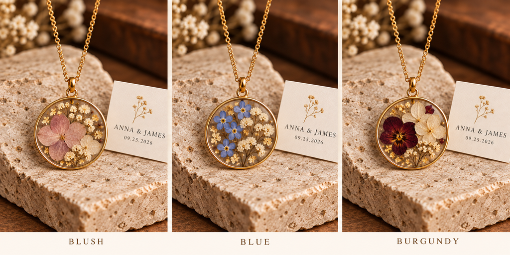AI-assisted design preview; botanical resin pendant