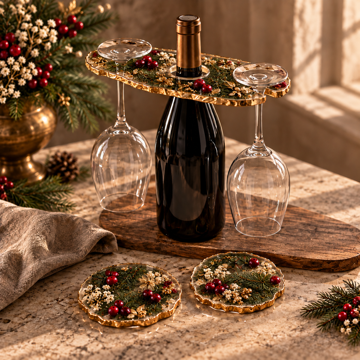 Botanical Toast Holiday Evergreen AI-assisted design preview; bottle and glasses not included