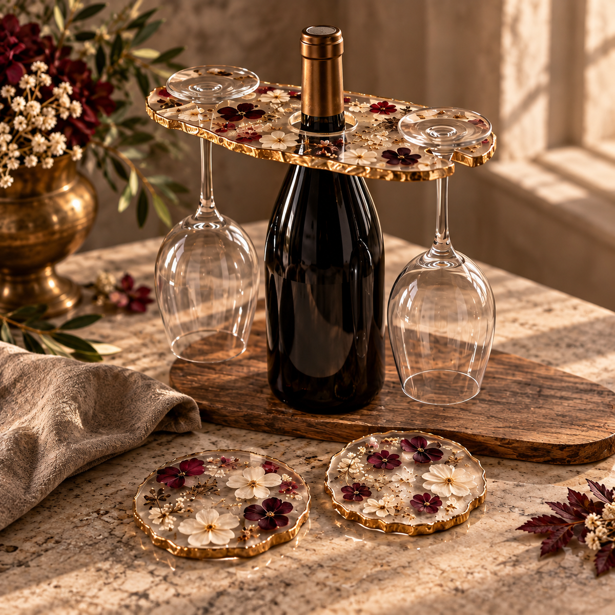 Botanical Toast design preview showing the botanical wine-glass holder with two matching coasters; bottle and glasses are styling props.