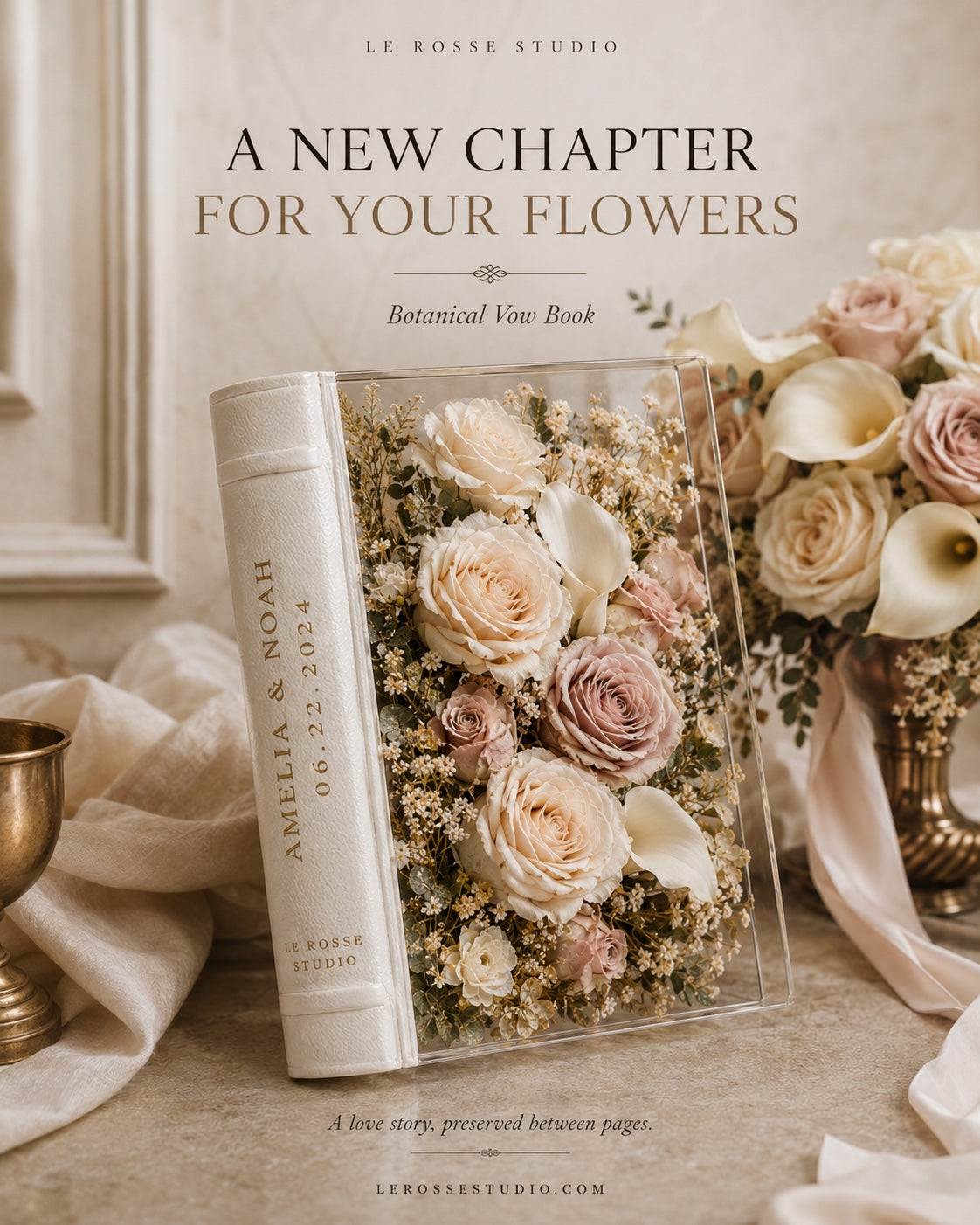 Le Rosse Studio Botanical Vow Book styled with wedding bouquet, warm ivory linen and antique brass accents