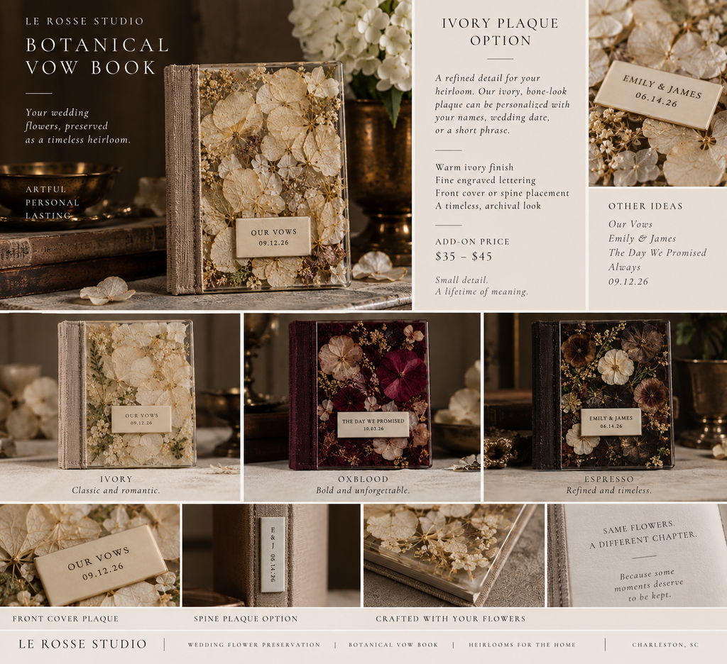 Le Rosse Studio Botanical Vow Book ivory plaque personalization options with front cover and spine placement