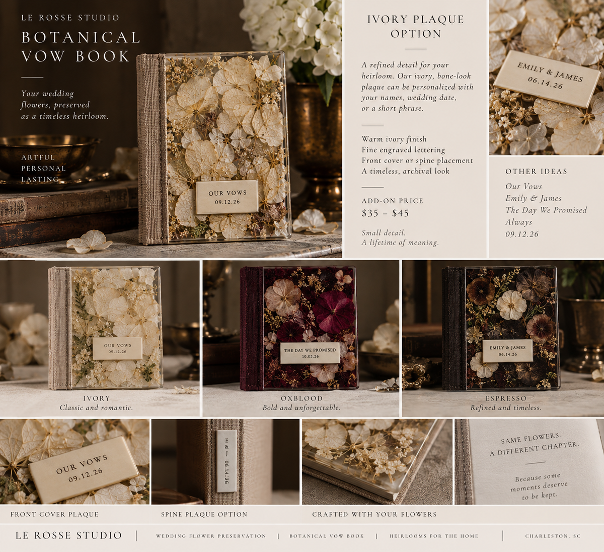 Le Rosse Studio Botanical Vow Book ivory plaque personalization options with front cover and spine placement