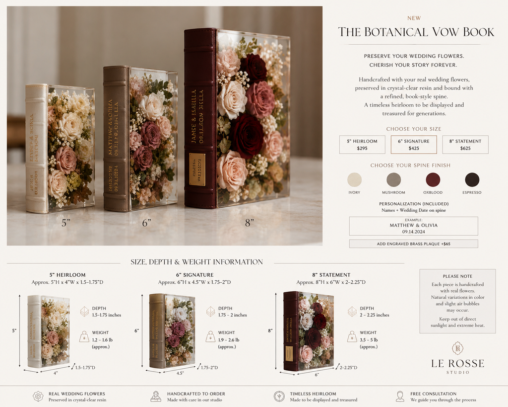 Botanical Vow Book size, depth and weight guide with 5, 6 and 8 inch examples