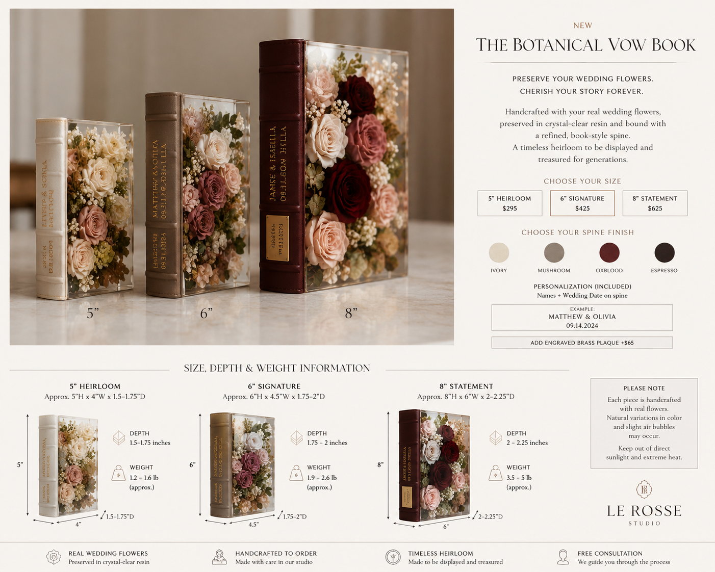 Botanical Vow Book size, depth and weight guide with 5, 6 and 8 inch examples