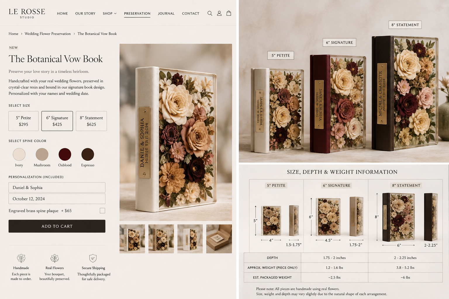 Botanical Vow Book with updated couple personalization and 5, 6, and 8 inch size and depth information