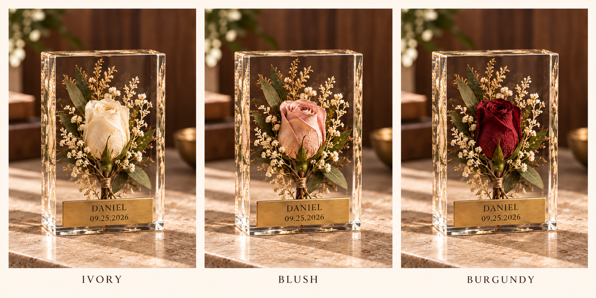 AI-assisted design preview; boutonniere resin keepsake