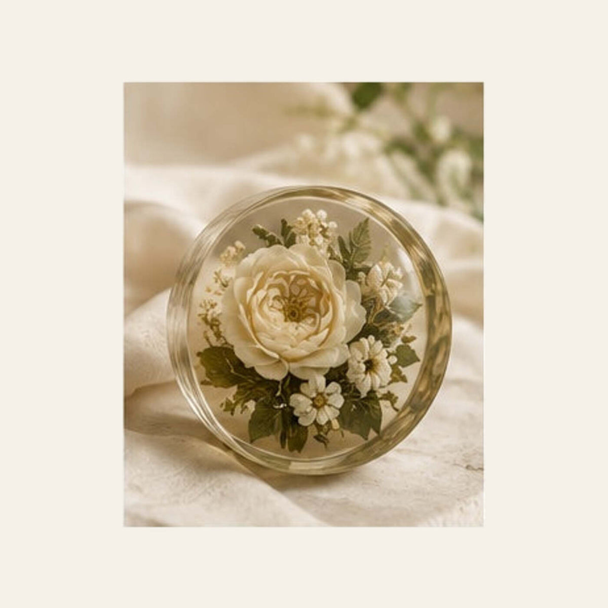 Rounded resin flower paperweight preserving one meaningful bloom or selected petals