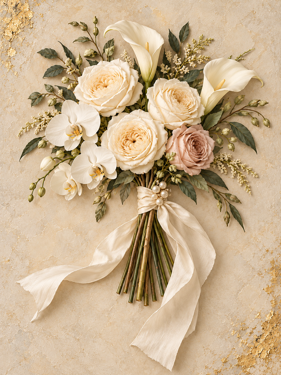 Ivory Bridal Reverie unframed digital design preview with roses, callas and orchids