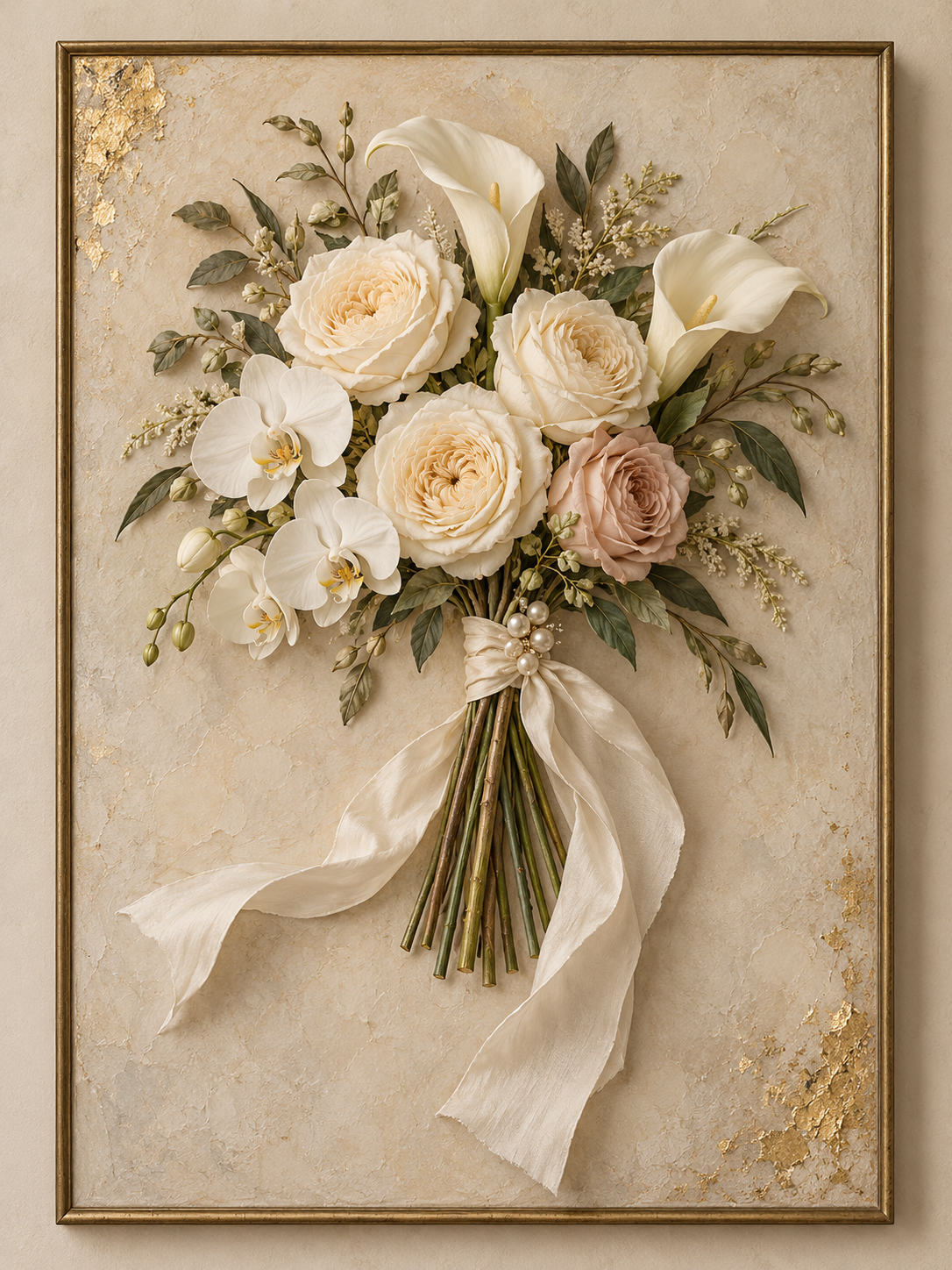 AI-assisted framed Bridal Reverie design preview; illustrated gold frame and flowers, not a finished physical preservation piece