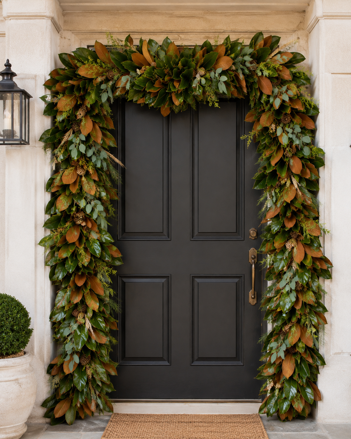 Charleston Magnolia Garland framing a black front door