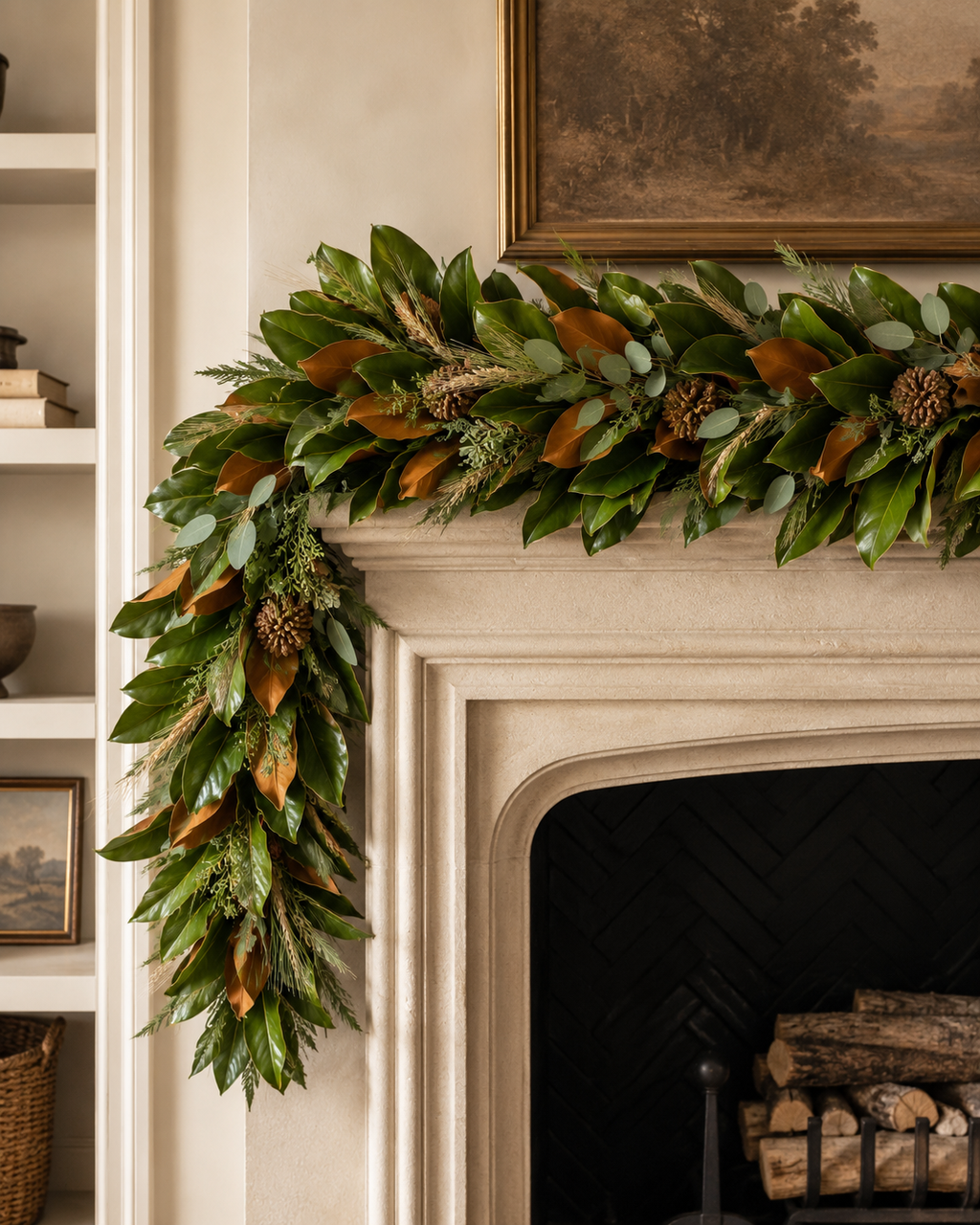 Charleston Magnolia Garland styled across a fireplace mantel