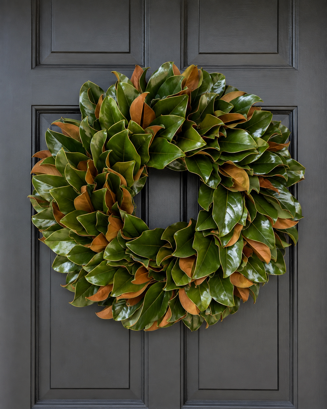 Classic Charleston Magnolia Wreath on a charcoal door