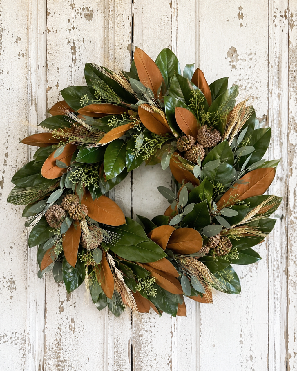 Textured Charleston Magnolia Wreath with eucalyptus, pods and grasses