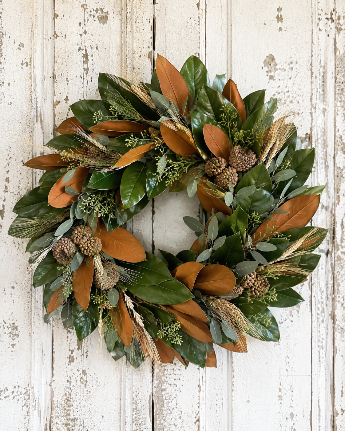 Textured Charleston Magnolia Wreath with eucalyptus, pods and grasses