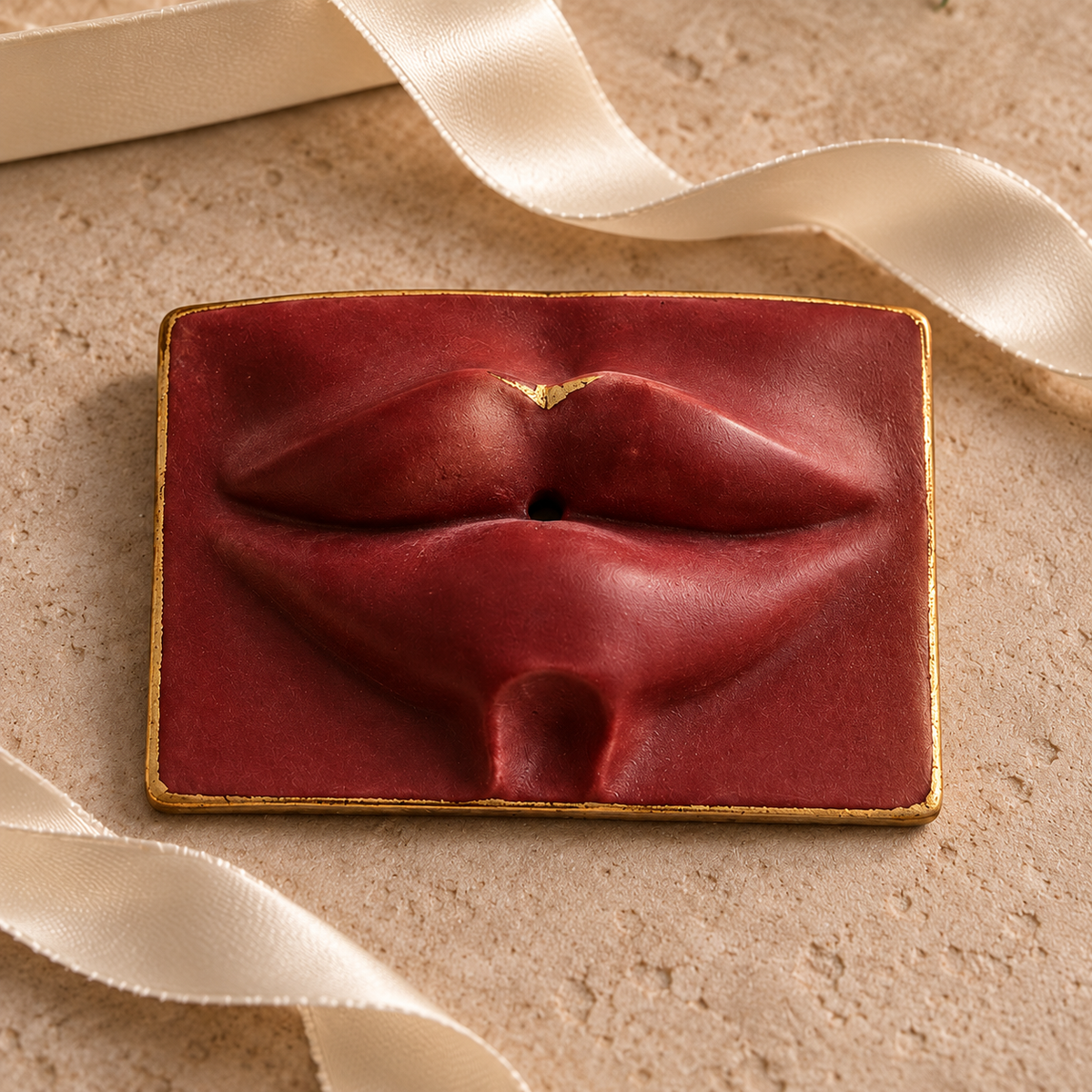 A Christmas Kiss oxblood sculptural lips keepsake design preview.