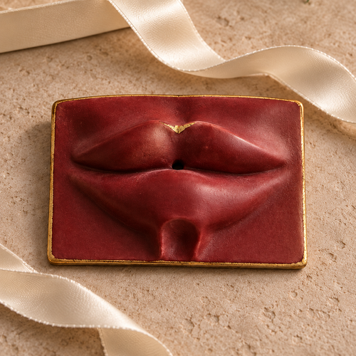 A Christmas Kiss oxblood sculptural lips keepsake design preview.