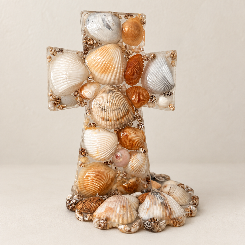 Angled view of the Pearl Relic Cross and shell-covered base