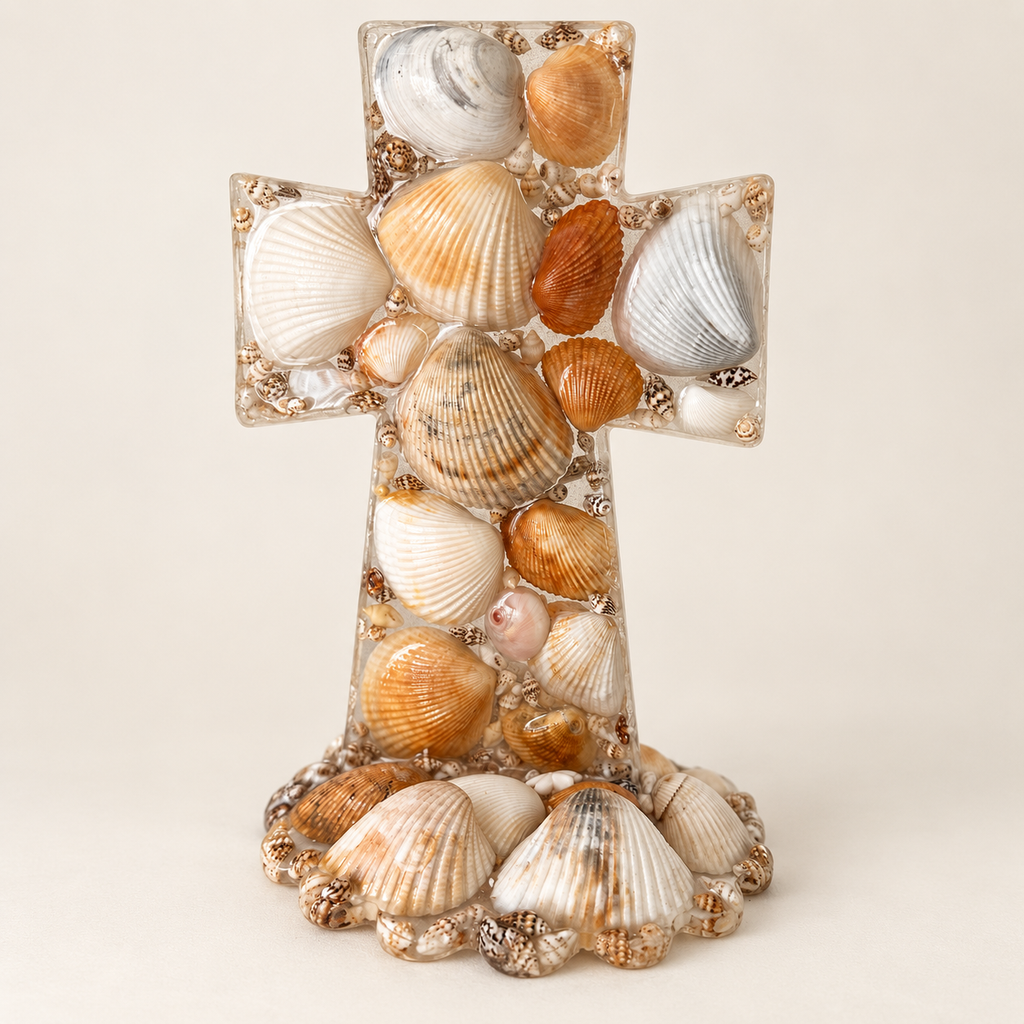 Pearl Relic Cross, a freestanding clear resin cross with natural seashells