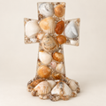 Pearl Relic Cross, a freestanding clear resin cross with natural seashells
