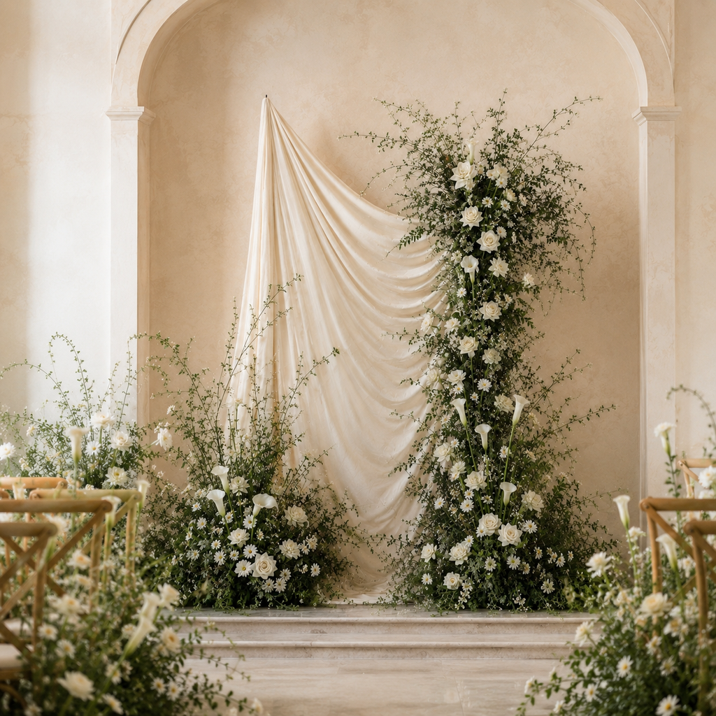 The Draped Garden Ceremony Installation package with ivory draping and white floral meadows