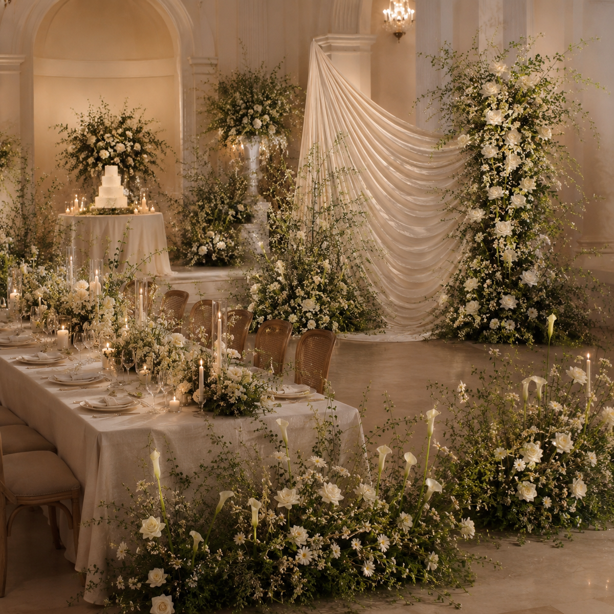 The Draped Garden Full Venue Installation package with ceremony, reception and cake florals