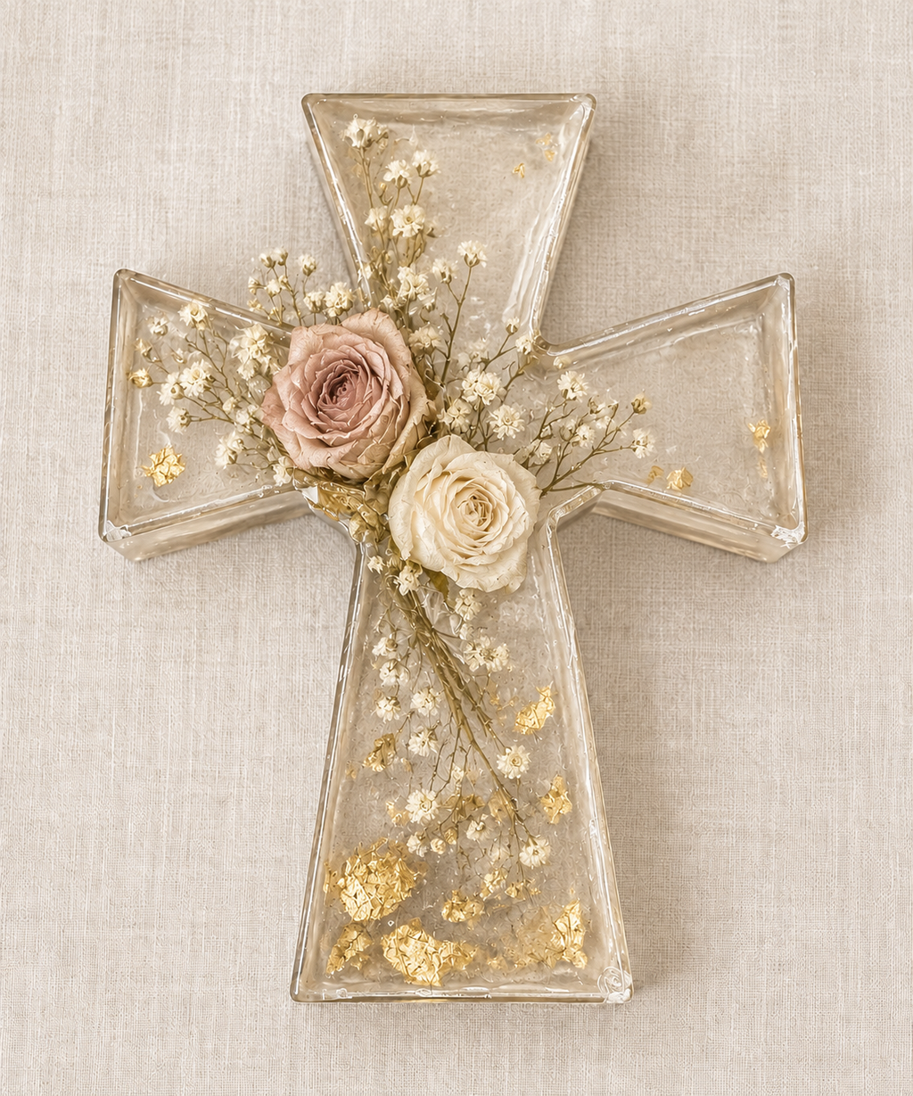 Petite Eternal Bloom flared resin cross with preserved blush and ivory flowers