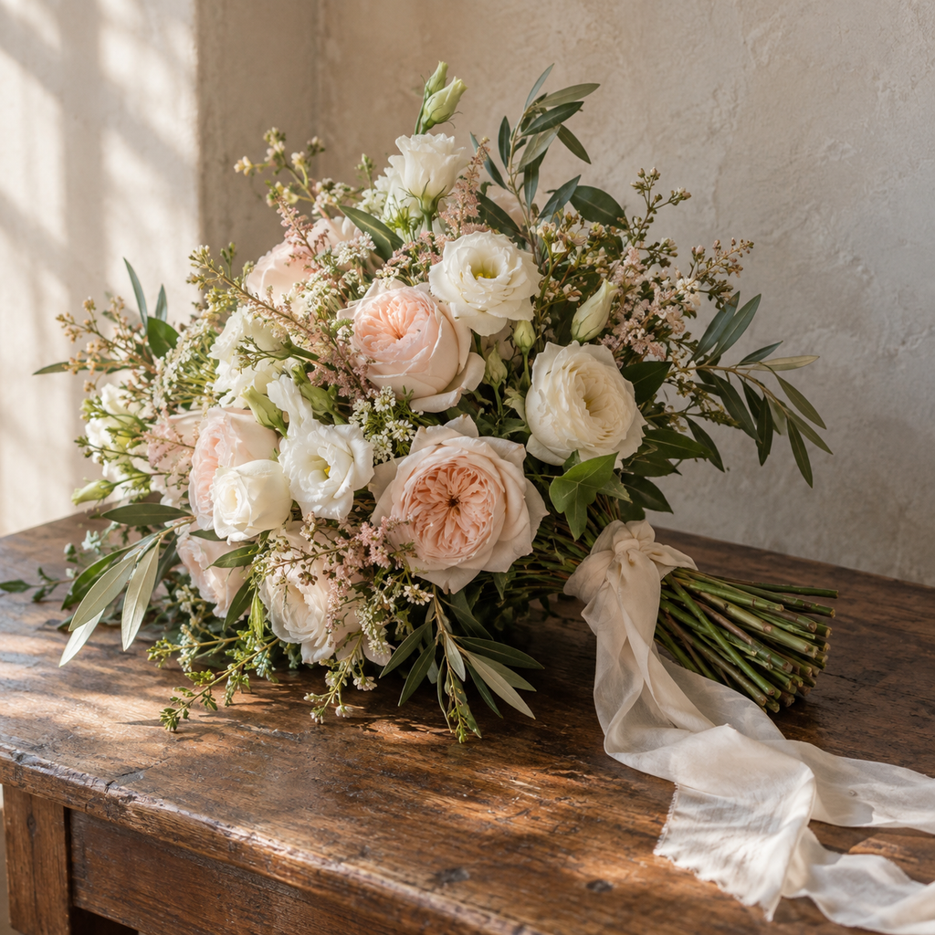 Natural ivory and blush bridal bouquet representing flowers reserved for Le Rosse Studio preservation