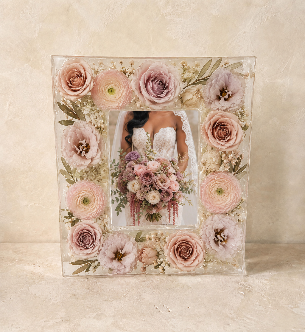 8 by 10 resin wedding flower preservation photo frame with blush and mauve garden flowers