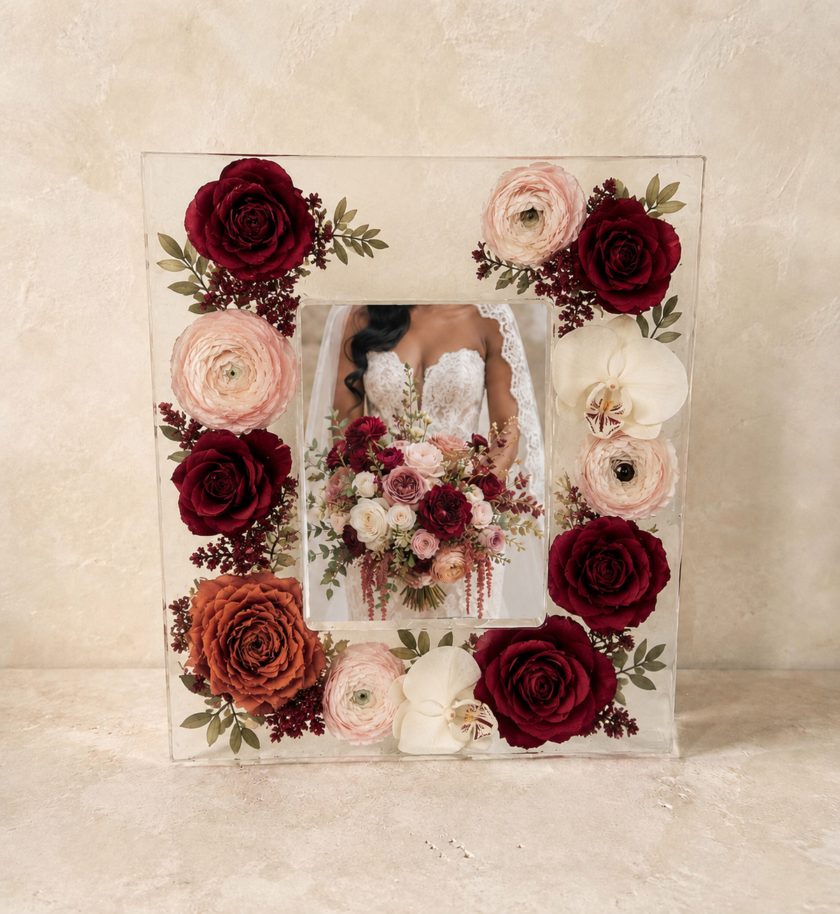 8 by 10 resin wedding flower preservation photo frame with burgundy, blush, copper and ivory flowers