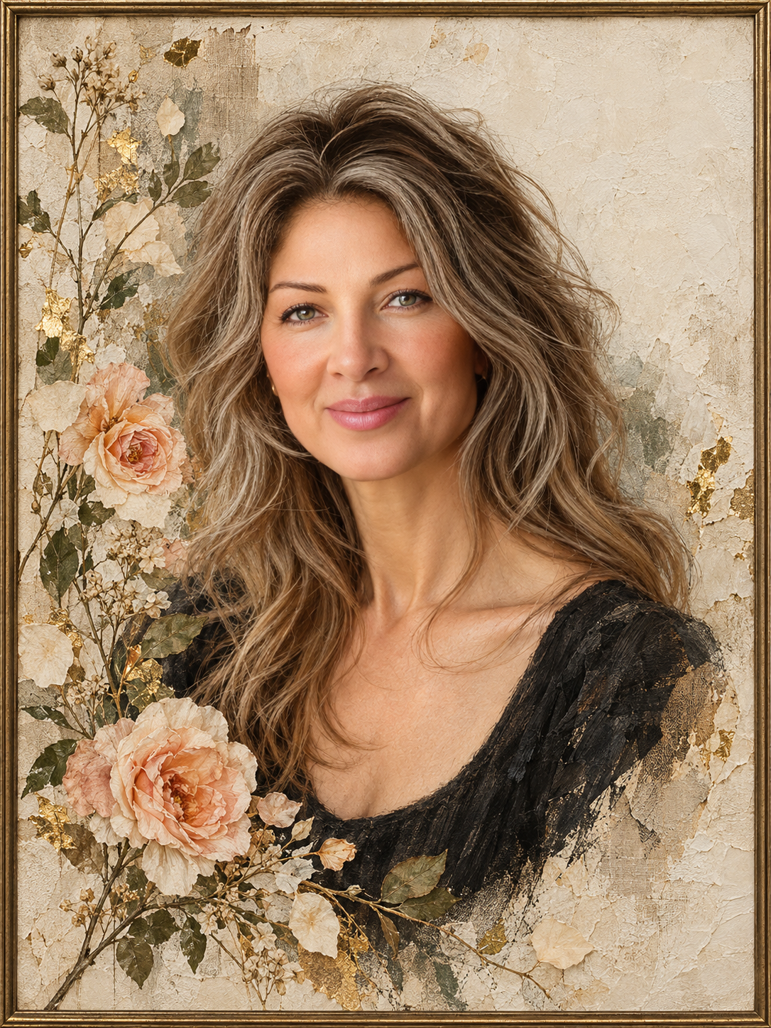 Digital design preview of a personalized Ivory Muse portrait in beige and blush; illustrated frame and texture, not a photograph of a finished physical piece