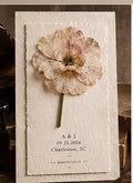Le Rosse Studio Botanical Archive Card with one preserved wedding flower on warm ivory cotton-rag archival paper with provenance text.