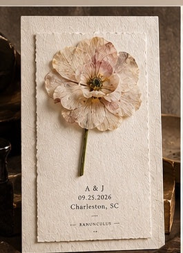 Le Rosse Studio Botanical Archive Card with one preserved wedding flower on warm ivory cotton-rag archival paper with provenance text.