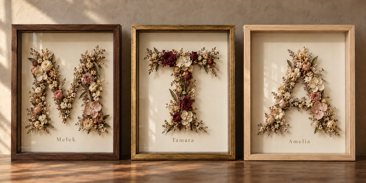 AI-generated Botanical Initial concept preview; actual handmade flowers and composition vary.