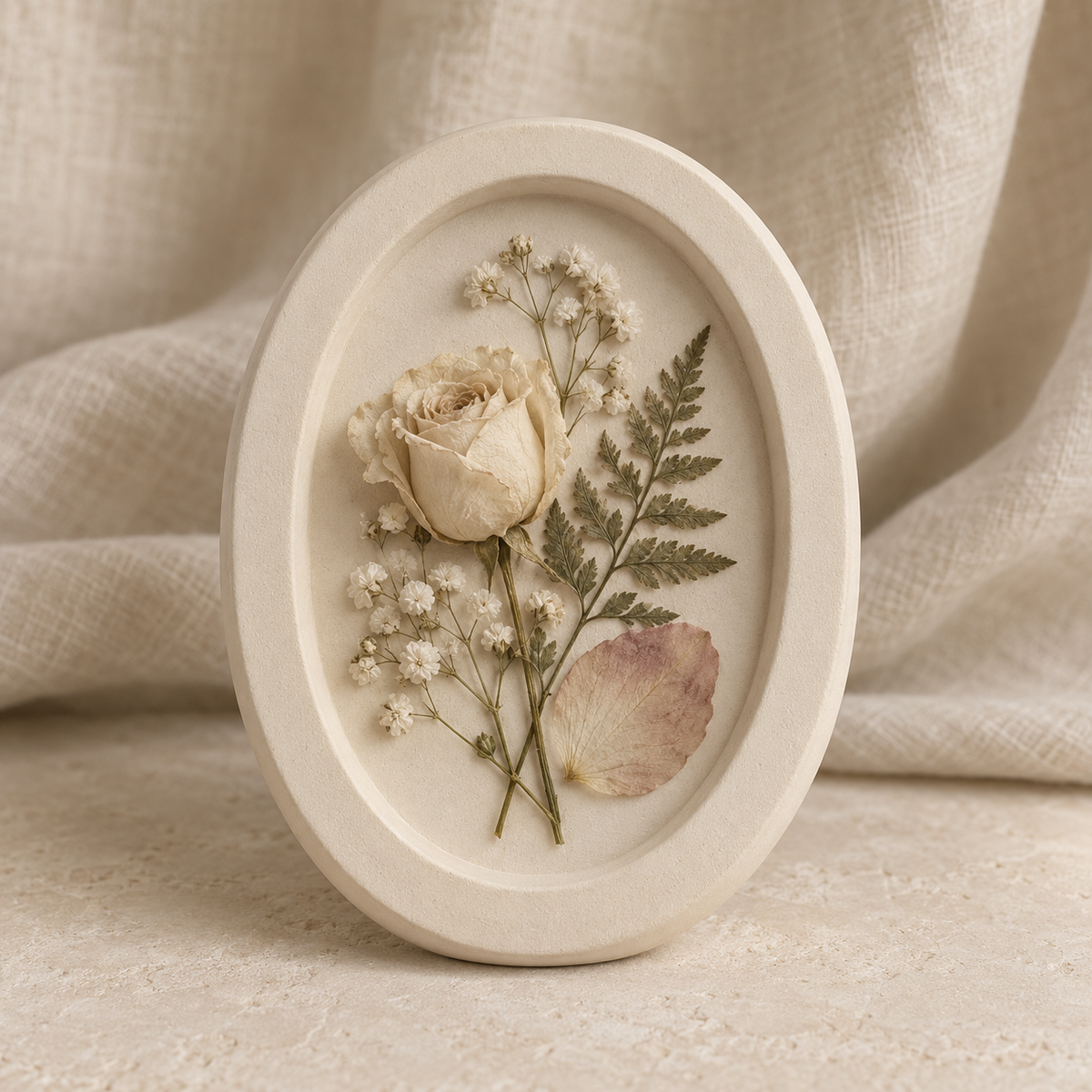 Botanical Intaglio wedding flower keepsake with real preserved flowers in the Ivory finish