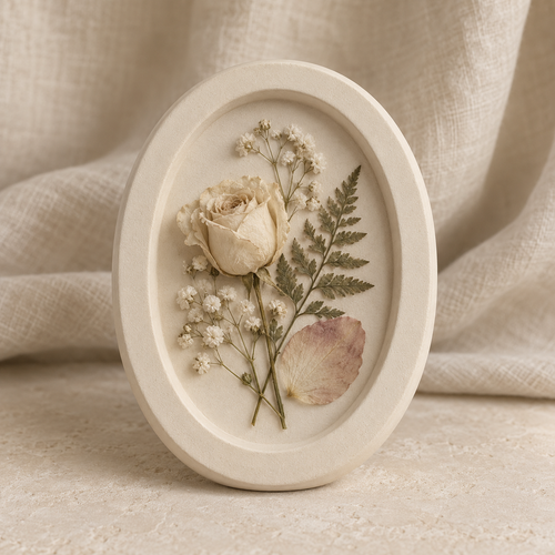 Botanical Intaglio wedding flower keepsake with real preserved flowers in the Ivory finish