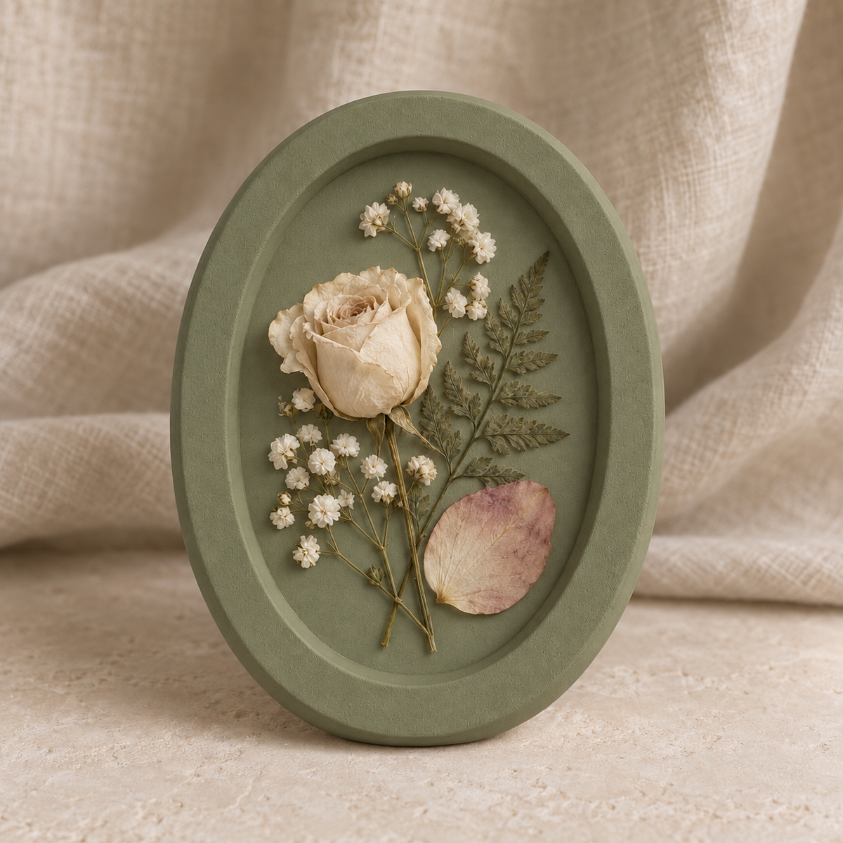 Botanical Intaglio wedding flower keepsake with real preserved flowers in the Olive finish