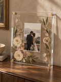 AI-assisted design concept; real pressed flowers will be flatter, final hardware and arrangement vary.