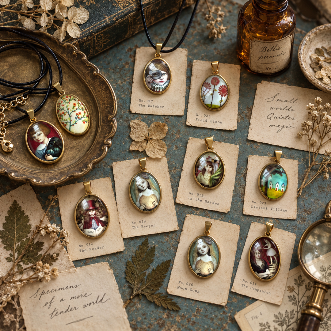 Le Rosse Studio Cabinet of Muses miniature portrait pendants presented as numbered collector specimens with pressed botanicals, field notes, amber glass and patina-blue surfaces.