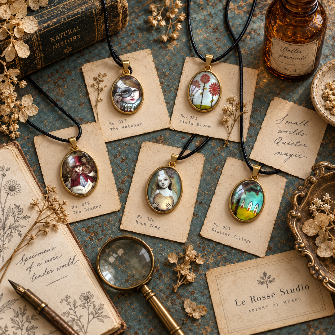Le Rosse Studio Cabinet of Muses pendant collection styled like a natural-history archive with numbered cream cards, magnifying glass, botanical notes, amber glass and patina-blue surface.