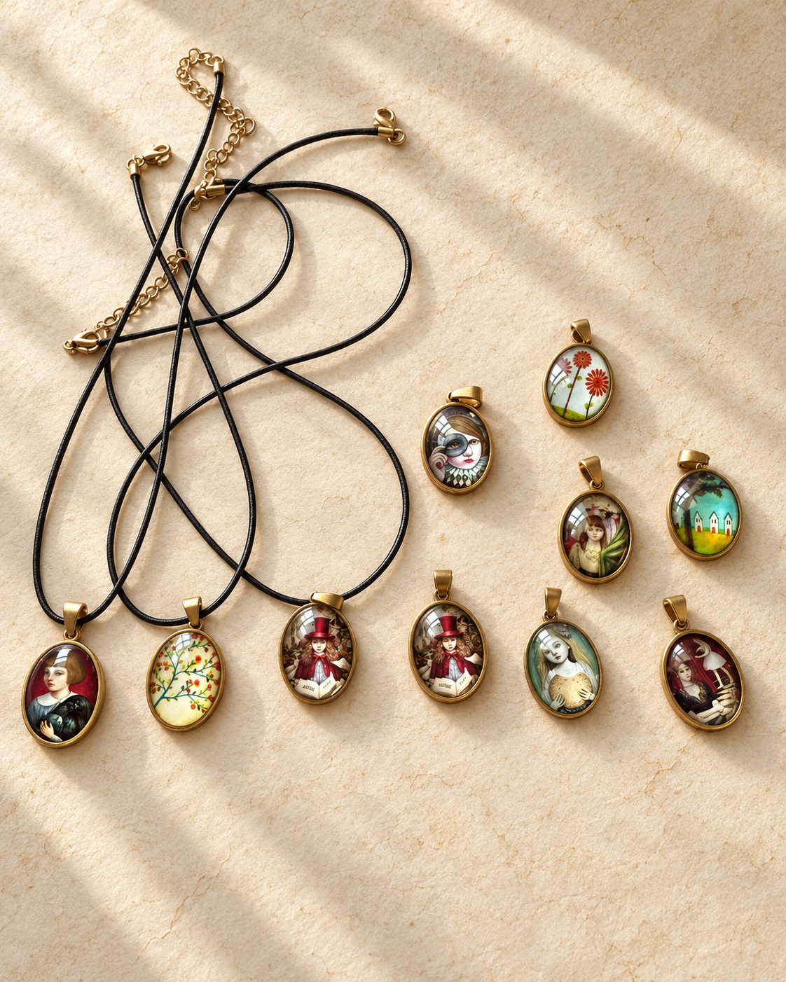 The Cabinet of Muses miniature portrait pendant necklaces arranged on warm ivory plaster.