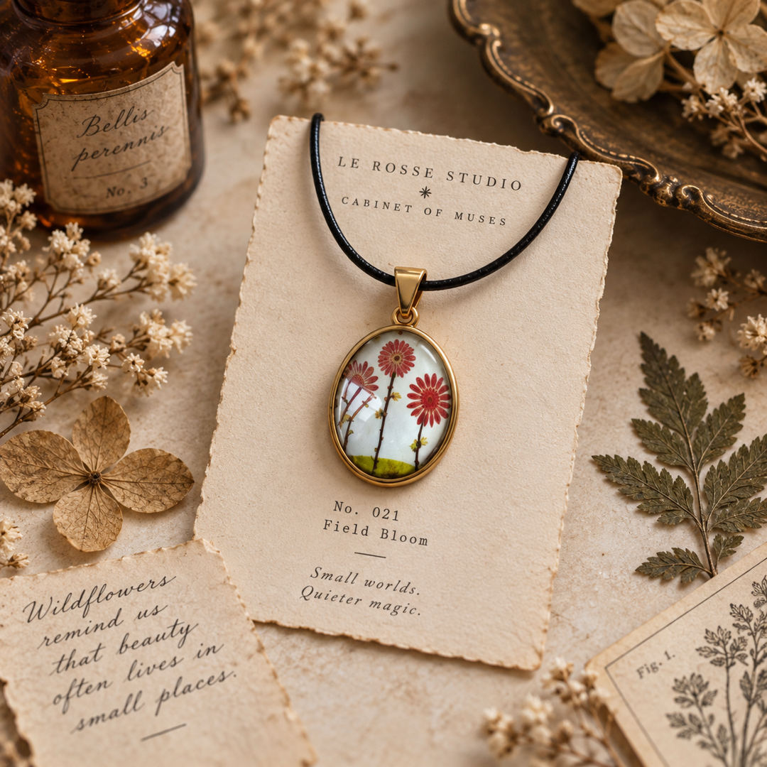 Le Rosse Studio Cabinet of Muses Field Bloom pendant displayed on a cream archival specimen card with dried botanicals and amber glass styling.