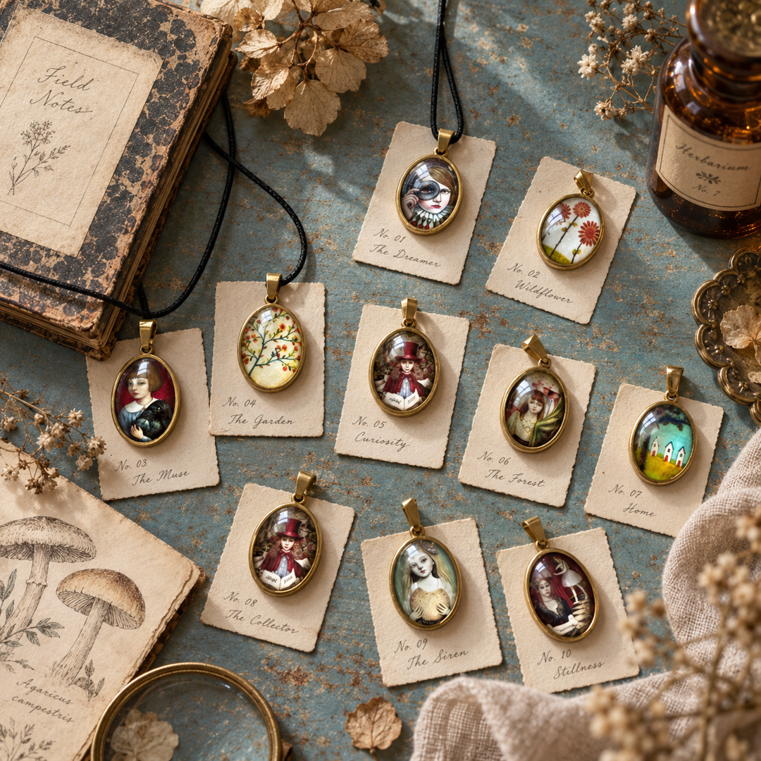Le Rosse Studio Cabinet of Muses pendants arranged like numbered collector specimens on cream archival cards over a patina-blue surface with pressed botanicals and field notes.