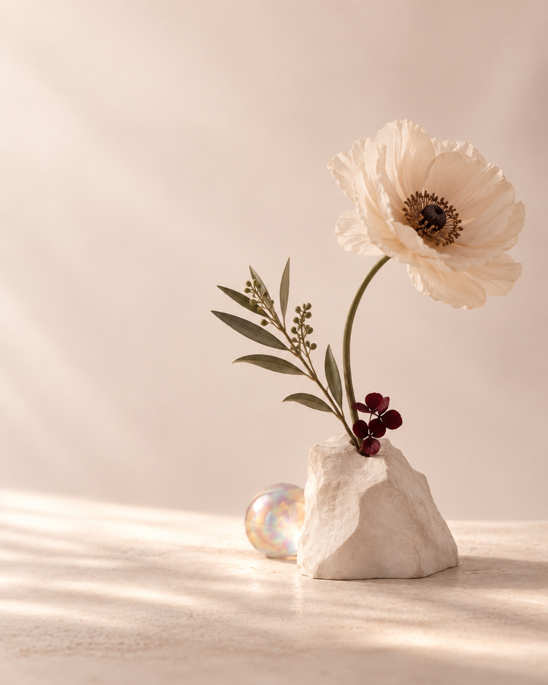 The Chosen Bloom sculptural wedding flower preservation concept with an ivory anemone, olive foliage, oxblood accent, stone-look base, and opalescent orb.