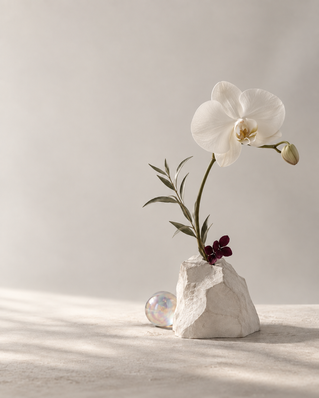 The Chosen Bloom sculptural wedding flower preservation concept with a white orchid, olive foliage, stone-look base, burgundy accent, and iridescent orb.